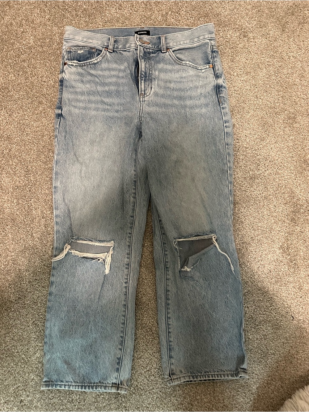 Express Light Blue Straight Leg Ripped Jeans